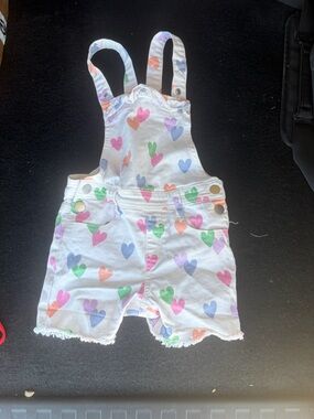 Garanimals White Heart Print Short Overalls with Multicolor Hearts: Size 4 kids